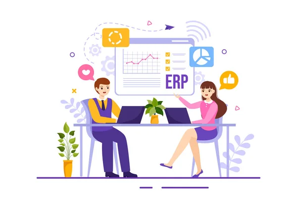 Erp Enterprise Resource Planning System Vector Illustratie Met Bedrijfsintegratie Productiviteit — Stockvector
