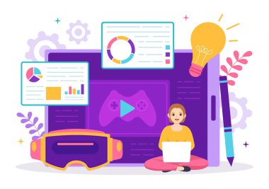 Oyunlar, Dijital Teknoloji, Düz Çizgi Film Çizim Elleri Çizim Sayfası Şablonlarında Programlama ve Kodlama ile Video Oyun Geliştirme Vektörü Resimleri