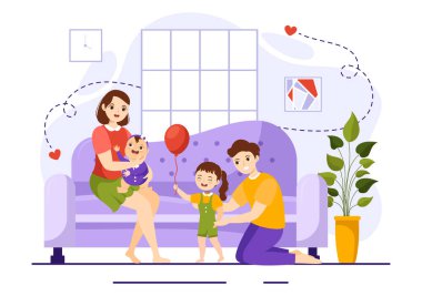 Aile Değerleri: Anne, Baba ve Çocuk Yan yana Sevgi ve Mutlulukta Çizilmiş Düz Çizgi Film Şablonları