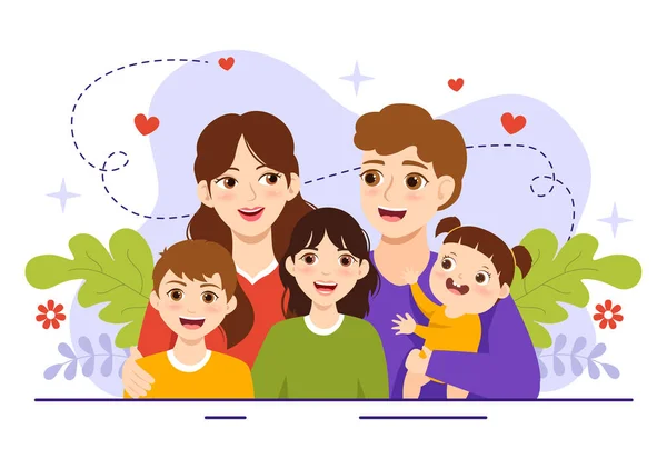 家族の価値観母 子供のベクトル図愛と幸福の互いに並んでフラット漫画ハンドドローテンプレート — ストックベクタ