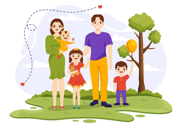 家庭价值观母亲 父亲和孩子在爱与幸福中肩并肩的家庭价值观图解平面漫画手绘模板 — 图库矢量图片
