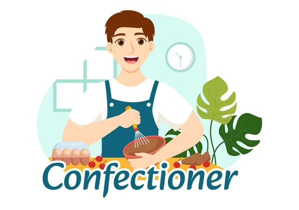 Confherer Vector Illustration Chef Wearing Apron Preping Dessert Sweet Products — 스톡 벡터