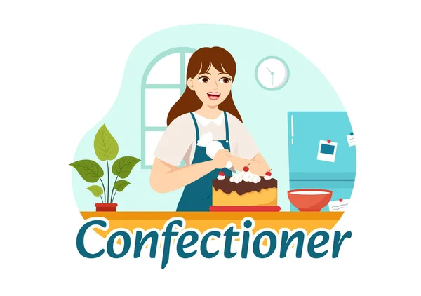 Confectioner Vector Illustration Chef Wearing Apron Preparing Dessert Sweet Products — Stock Vector