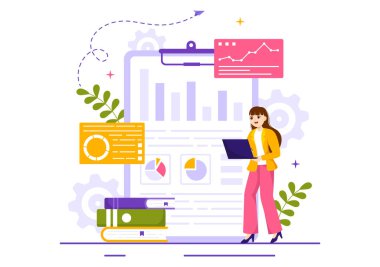 Düz El Çizim Şablonlarında Veri İstatistikleri Yapımı için Takım Yönetimi ve Analizleriyle Pazar Araştırma ve Analiz Vektörü İllüzyonu