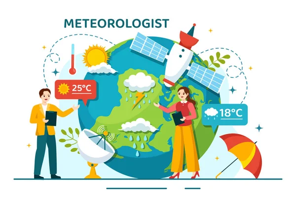 平面卡通画手绘登陆页模板中的天气预报和大气降水图的气象学家矢量图解 — 图库矢量图片