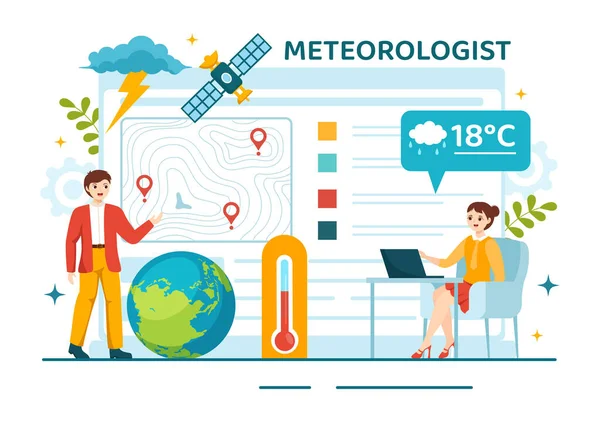 平面卡通画手绘登陆页模板中的天气预报和大气降水图的气象学家矢量图解 — 图库矢量图片