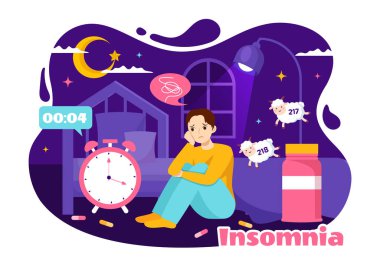 Uykusuzluk Vektörü İllüstrasyonu: Uyuyamayan, Düşünemeyen ve Gözler Gece Yatak Odasında Açık Çizilmiş Çizgi El Şablonları