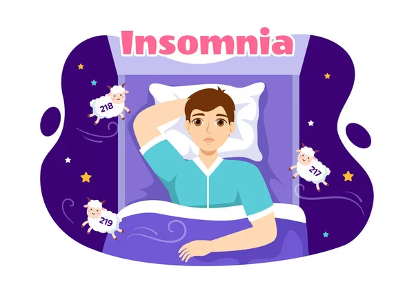 stock vector Insomnia Vector Illustration with Young People Unable to Sleep, Thinking and Eyes Open at Night Bedroom in Flat Cartoon Hand Drawn Templates