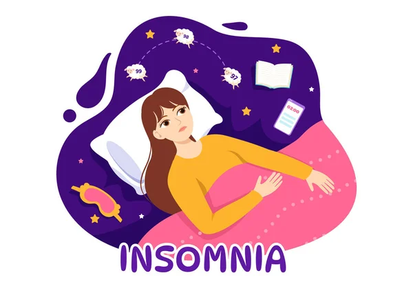 stock vector Insomnia Vector Illustration with Young People Unable to Sleep, Thinking and Eyes Open at Night Bedroom in Flat Cartoon Hand Drawn Templates