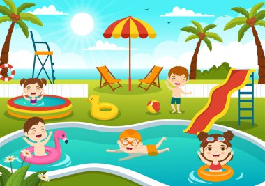 Yaz Tatili Manzaralı Yüzme Havuzu Vektörü İllüstrasyonu ve Çizgi Film El Arkaplan Şablonlarında Çocuklar Yaz Etkinliğini Yüzüyor