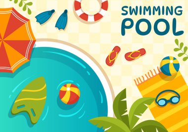 Yüzme Havuzu Vektör İllüstrasyonu Yaz Tatili Manzarası Konsepti ve Yüzme Yaz Aktivitesi Çizgi El Çizim Arkaplan Şablonu