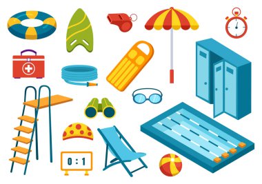 Yüzme Havuzu Vektör İllüstrasyonu Yaz Tatili Manzarası Konsepti ve Yüzme Yaz Aktivitesi Çizgi El Çizim Arkaplan Şablonu