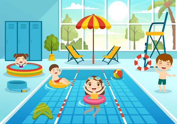 Zwembad Vector Illustratie Met Zomer Vakantie Landschap Concept Kinderen Zwemmen — Stockvector
