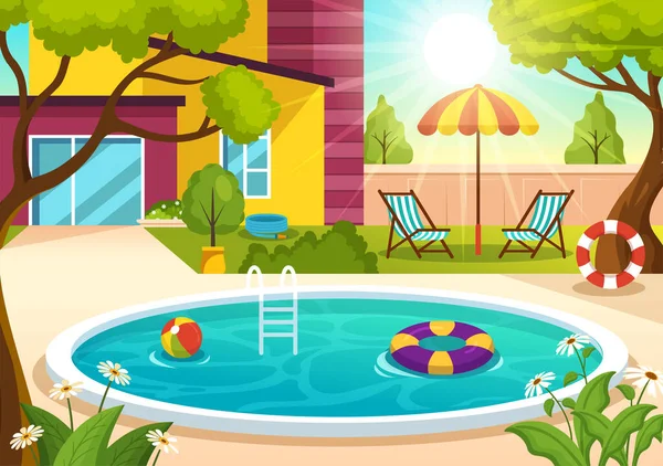 Πισίνα Εικονογράφηση Διάνυσμα Πισίνα Καλοκαιρινές Διακοπές Τοπίο Concept Και Κολύμπι — Διανυσματικό Αρχείο