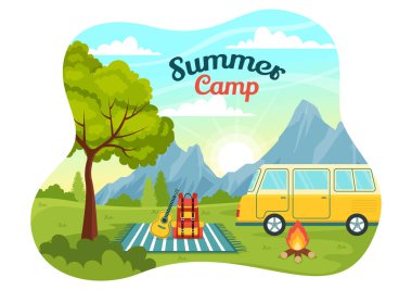 Tatilde Kamp, Sırt Çantası ve Düz Çizgi Film Şablonu 'ndaki Diğerleri gibi ekipmanlarla Kamp ve Seyahat İllüstrasyonunun Yaz Kampı Vektörü