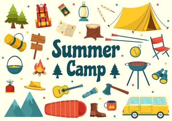 stock vector Summer Camp Vector Illustration of Camping and Traveling on Holiday with Equipment such as Tent, Backpack and Others in Flat Cartoon Templates