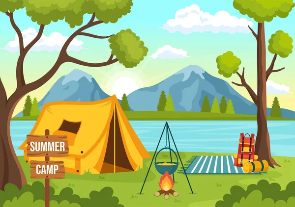 Summer Camp Vector Illustration Von Camping Und Urlaubsreisen Mit Ausrüstung — Stockvektor