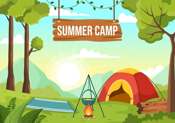 Summer Camp Vector Illustration Camping Traveling Holiday Equipment Tent Backpack — Stock Vector