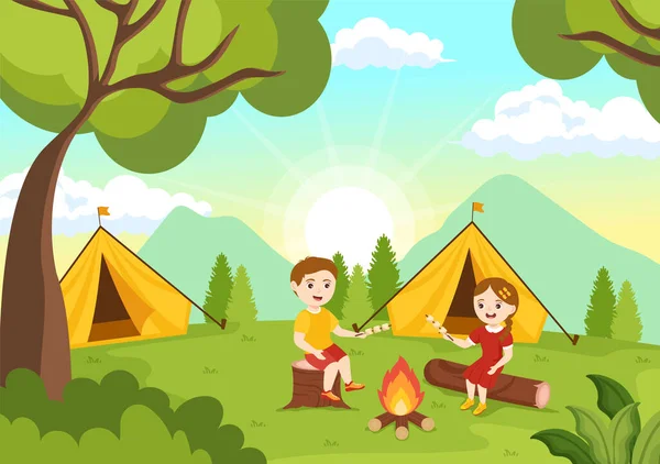 Summer Camp Vector Illustration Kids Camping Traveling Vacation Equipment Tents — Stock Vector