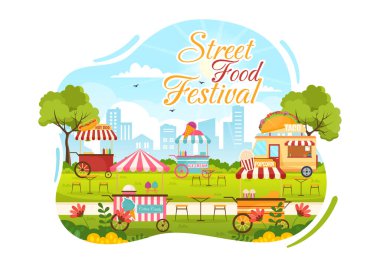 Sokak Gıda Festivali Etkinlik Vektörü İllüstrasyonunda İnsanlar ve Yiyecekler Kamyon Açık Şehir Parkı Düz Çizgi Filmlerdeki El Şablonları