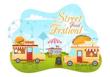 Sokak Gıda Festivali Etkinlik Vektörü İllüstrasyonunda İnsanlar ve Yiyecekler Kamyon Açık Şehir Parkı Düz Çizgi Filmlerdeki El Şablonları