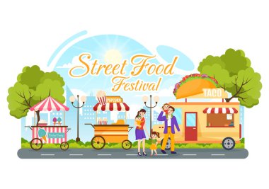 Sokak Gıda Festivali Etkinlik Vektörü İllüstrasyonunda İnsanlar ve Yiyecekler Kamyon Açık Şehir Parkı Düz Çizgi Filmlerdeki El Şablonları