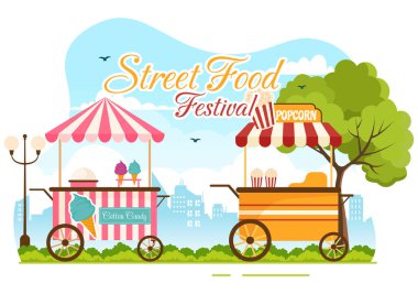 Sokak Gıda Festivali Etkinlik Vektörü İllüstrasyonunda İnsanlar ve Yiyecekler Kamyon Açık Şehir Parkı Düz Çizgi Filmlerdeki El Şablonları