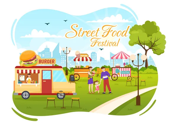 stock vector Street Food Festival Event Vector Illustration with People and Foods Trucks in Summer Outdoor City Park in Flat Cartoon Hand Drawn Templates