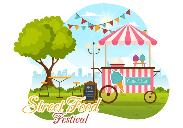 Street Food Festival Event Vector Illustration People Foods Trucks Summer — Stockový vektor