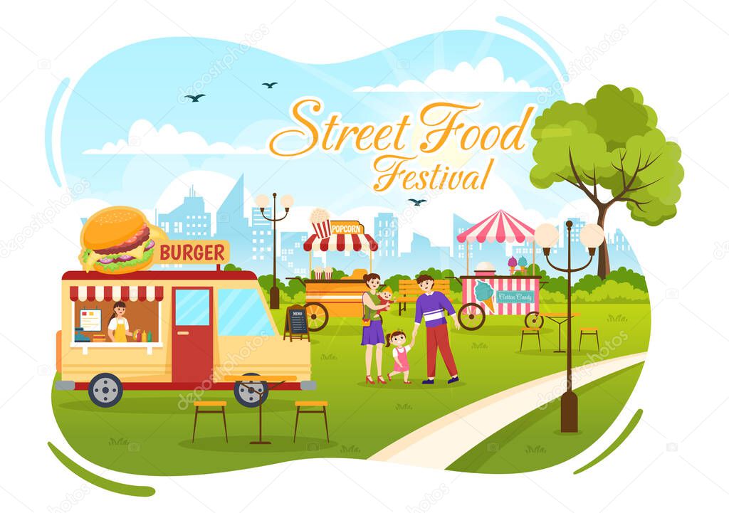 Street Food Festival Event Vector Illustration with People and Foods Trucks in Summer Outdoor City Park in Flat Cartoon Hand Drawn Templates