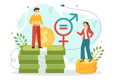 Eşit Dengeyi Gösteren Erkek ve Kadın Karakterleriyle Cinsiyet Eşitliği Vektörü İllüstrasyonu ve El Şablonlarında Aynı Fırsatlar
