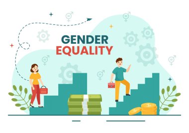 Eşit Dengeyi Gösteren Erkek ve Kadın Karakterleriyle Cinsiyet Eşitliği Vektörü İllüstrasyonu ve El Şablonlarında Aynı Fırsatlar