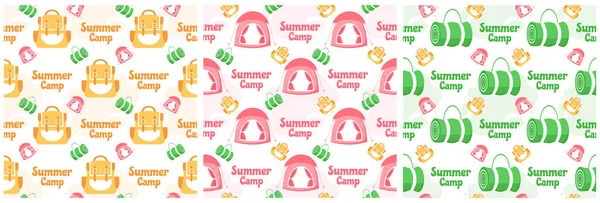 Set Summer Camp Seamless Pattern Design Camping Traveling Template Hand — Stock Vector