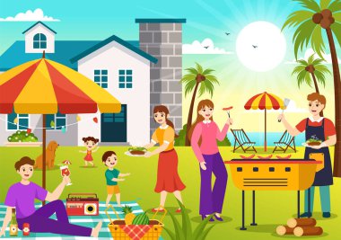 Barbekü ve Izgara Set Vektör İllüstrasyonu Çocuklar Izgara veya Park in Festival 'de Barbekü Parti Yemekleri ve Yazın Çizim Elleri Çizim Şablonu