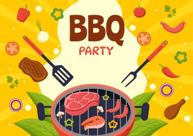 Barbekü ve Izgara Seti Vektör İllüstrasyon İnsanları Izgara Ya da Festivaldeki Park 'ta Barbekü Parti Yemekleri ve Yazın Çizim Elleri Çizim Şablonu