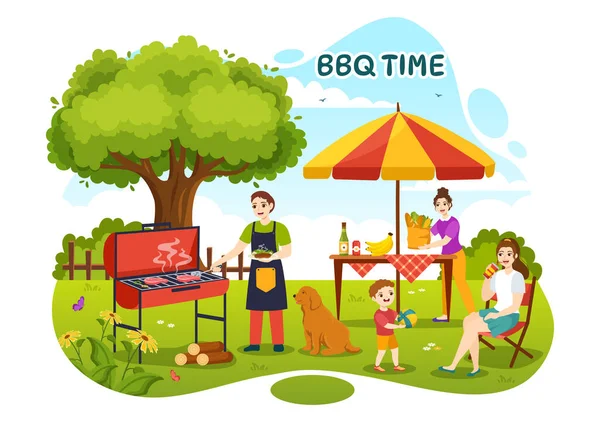 Barbecue Grill Set Vector Illustratie Kids Grillen Bbq Party Food — Stockvector