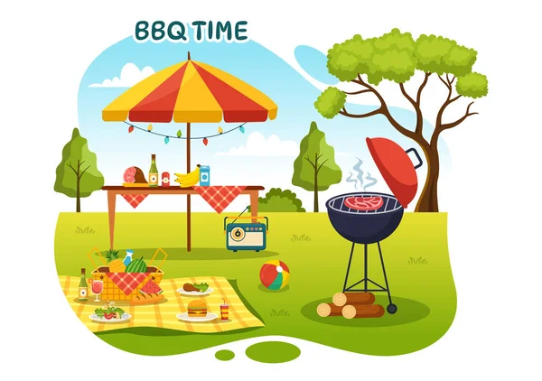 Barbecue Grill Set Vector Illustratie Mensen Grillen Bbq Feestmaal Eten — Stockvector