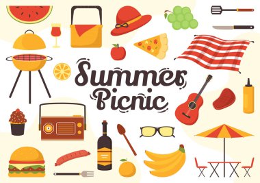 Açık hava pikniği: Doğada Yeşil Çimlerde Oturan İnsanların Çizgi Roman El Şablonlarında Yaz Tatilleri