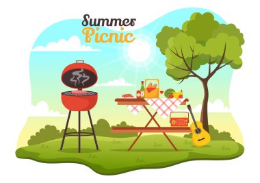 Açık hava pikniği: Doğada Yeşil Çimlerde Oturan İnsanların Çizgi Roman El Şablonlarında Yaz Tatilleri