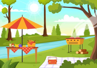 Açık hava pikniği: Doğada Yeşil Çimlerde Oturan İnsanların Çizgi Roman El Şablonlarında Yaz Tatilleri