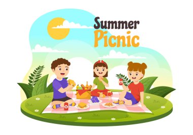 Doğada Yeşil Çimlerde Oturan Çocukların Çizgi Roman El Şablonlarında Yaz Tatillerinde Piknik Açık Hava Vektör Resimleri