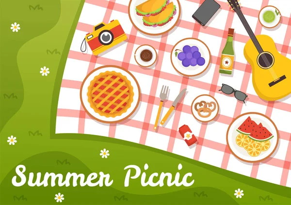 ピクニック屋外ベクトル夏休みに緑の芝生の上に座っている人々のイラストフラット漫画ハンドドローテンプレート — ストックベクタ