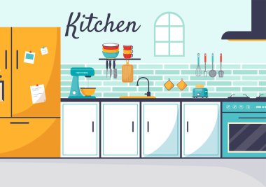 Mobilyalı Mutfak Mimarisi Vektör İllüstrasyonu ve Tablo, Soba ve Buzdolabı Düz El Çizim Arkaplan Şablonları gibi İç mimari