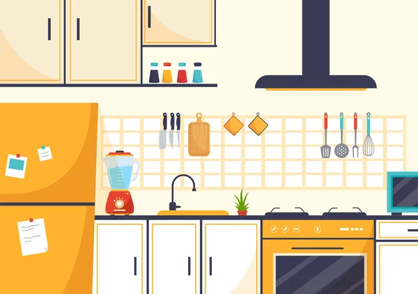 平面漫画手绘背景模板中的餐桌 冰箱等家具与室内装饰的厨房建筑矢量图解 — 图库矢量图片