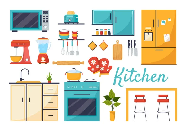 キッチン建築ベクトルイラスト テーブル ストーブ 冷蔵庫など平面漫画ハンドドロー背景テンプレート — ストックベクタ