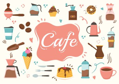 Bar standı, Tablo ve Koltuklu Cafe Vektör Resimleri Çizgi El Çizimi İniş Sayfası Şablon Şablonu