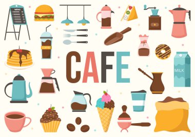Bar standı, Tablo ve Koltuklu Cafe Vektör Resimleri Çizgi El Çizimi İniş Sayfası Şablon Şablonu