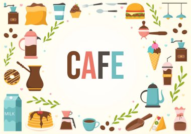 Bar standı, Tablo ve Koltuklu Cafe Vektör Resimleri Çizgi El Çizimi İniş Sayfası Şablon Şablonu