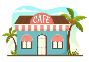 Bar standı, Tablo ve Koltuklu Cafe Vektör Resimleri Çizgi El Çizimi İniş Sayfası Şablon Şablonu