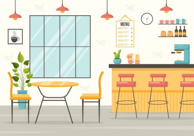 Bar standı, Tablo ve Koltuklu Cafe Vektör Resimleri Çizgi El Çizimi İniş Sayfası Şablon Şablonu